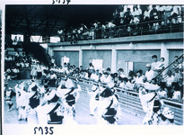 観光客に阿波踊り　旧体育館