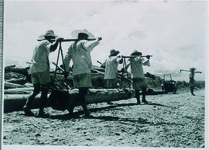 筏で運ばれた材木を工場へ運ぶ浜仲士