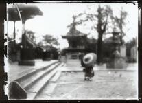 寺の境内と日傘