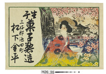 引札絵柄：桜美人（後に金閣寺）
商店場所：三好郡池田町
商店名称：松下金平
商売内容：生干菓子製造