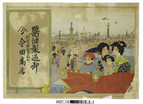 引札絵柄：都会の風景、橋の街灯、オープンカーに乗る母子等、運転手は子ども、
商店場所：那賀郡鷲敷町
商店名称：今田商店
商売内容：醤油製造卸