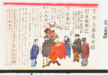 引札絵柄：官許三薬発売標　五龍円　天寿丸　上池液
薬を買い求める人々
商店場所：阿州観音寺村
商店名称：本家修製発売所　富松武助
商売内容：薬