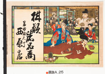 引札絵柄：秀吉の艱難辛苦　絵柄内「秀吉公清洲城にて柴田勝家の難題を堪へ忍ぶ　後終ニ位人臣の栄を極め給ふ」
商店場所：富田曲尺丁
商店名称：西原店
商売内容：柑類　諸品商